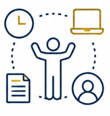 Person surrounded by icon of a laptop, person, papers, and clock icon