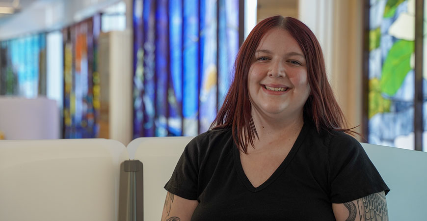 UC Merced student Grace Grinder in the university library.