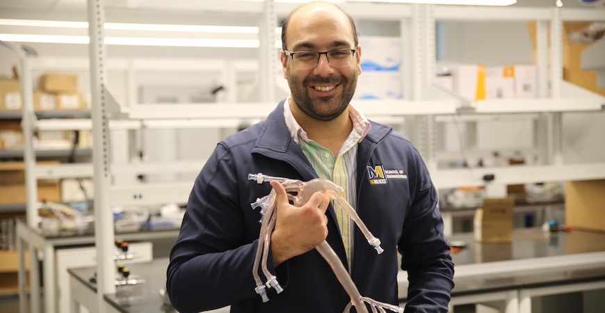 Bioengineering Professor and biofluid dynamicist Arian Aghilinejad is pictured in his lab at UC Merced