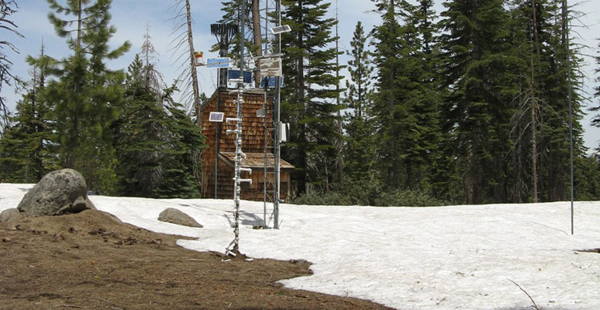 As climate warms, the snowline, or rain/snow transition elevation, moves to higher elevations, placing some historically snow-dominated sites in the rain zone. Photo by Roger Bales at Crane Flat in Yosemite National Park