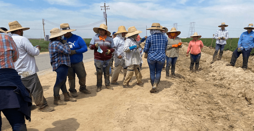 Farmworkers receive facial coverings amid the COVID-19 pandemic.