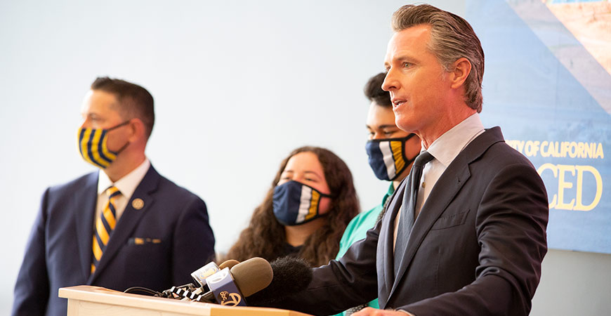 Gov. Gavin Newsom speaking at UC Merced on Monday, announced that the state will support the building of the university’s new medical education building.